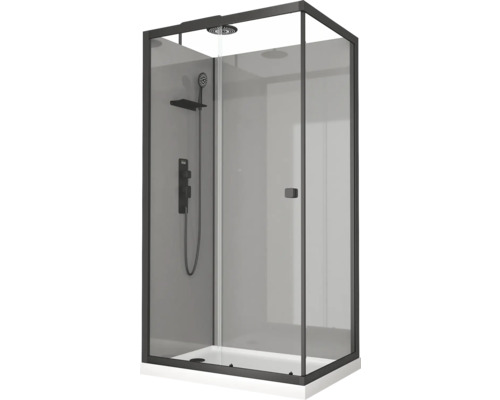 Cabine de douche avec pomme de tête, douchette à main et thermostat