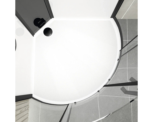 Vue de dessus d''une cabine de douche avec cadre noir et receveur de douche rond