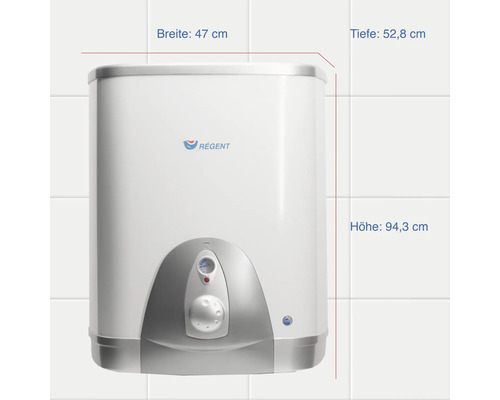 Chauffe-eau avec les dimensions : Largeur 47 cm, Profondeur 52,8 cm, Hauteur 94,3 cm.