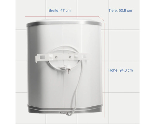 Chauffe-eau électrique d''une largeur de 47 cm, d''une profondeur de 52,8 cm et d''une hauteur de 94,3 cm.