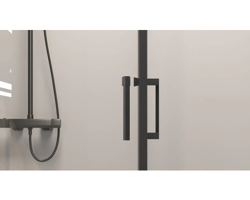 Vue détaillée d''une cabine de douche avec robinetterie et poignée