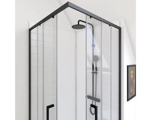 Cabine de douche d''angle avec cadre et pommeau de douche noirs