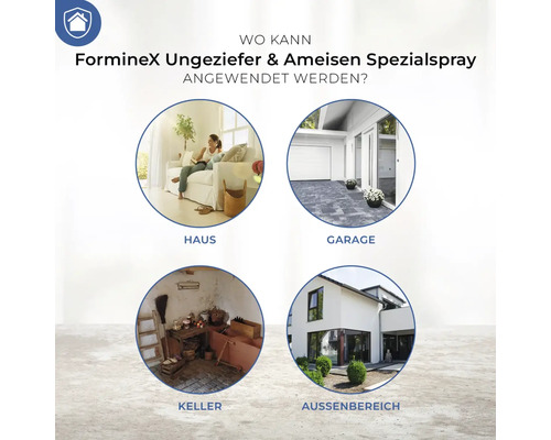 Anwendungsbereiche für FormineX Ungeziefer und Ameisen Spezial Spray: Haus, Garage, Keller, Aussenbereich
