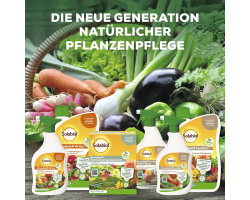 Divers produits phytosanitaires Solabiol devant un panier de légumes.