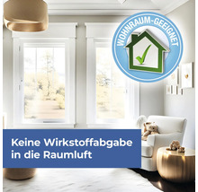 Wohnraum mit Fenstern und dem Siegel ''Wohnraum geeignet'', das die Eignung für Innenräume bestätigt. Keine Wirkstoffabgabe in die Raumluft.