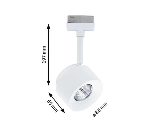 Weiße Schienenleuchte mit den Maßen 197 mm Höhe, 65 mm Breite und 86 mm Durchmesser