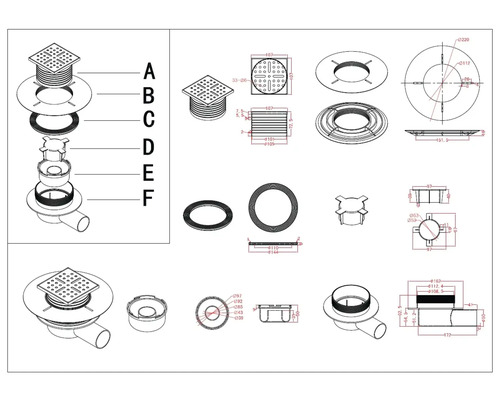 Technische Zeichnung eines Bodenablaufs mit verschiedenen Ansichten und Maßen.