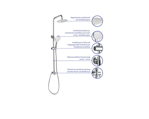 Colonne de douche avec douche de tête, douchette à main et barre de douche en acier inoxydable