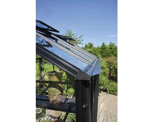 Detailansicht eines Gewächshauses mit Glasdach und Lüftungsfenstern