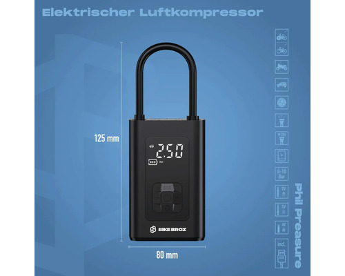 Elektrischer Luftkompressor mit den Maßen 125 mm Höhe und 80 mm Breite