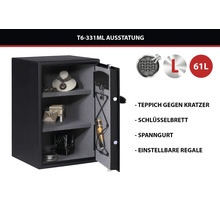 Coffre-fort T6-331ML de 61 litres avec serrure électronique, étagères réglables, moquette, tableau pour clés et sangle de serrage.