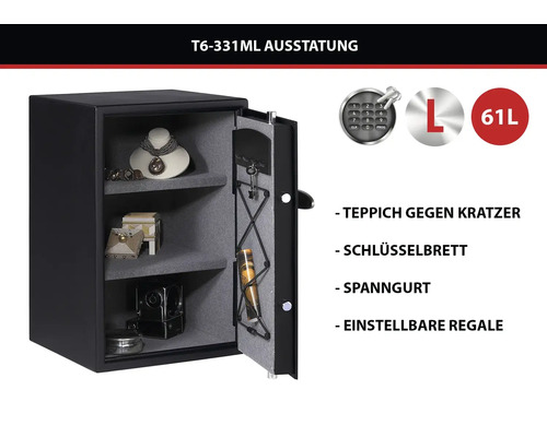 Coffre-fort T6-331ML de 61 litres avec serrure électronique, étagères réglables, moquette, tableau pour clés et sangle de serrage.