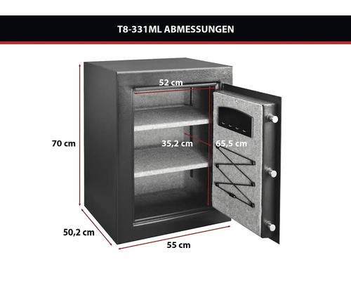 Tresor mit geöffneter Tür, Einlegeböden und Maßangaben für Außenmaße und Innenmaße in Zentimetern.