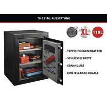 Schwarzer Tresor mit elektronischem Zahlenschloss, 119 Liter Fassungsvermögen, Teppichboden, Schlüsselbrett, Spanngurt und verstellbaren Regalen.