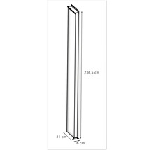 L''image montre une étagère de 236,5 cm de haut, 31 cm de large et 6 cm de profondeur.
