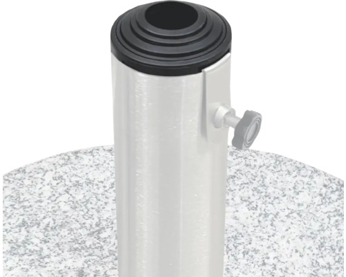 Vue détaillée d''un pied de parasol avec vis de blocage et tube