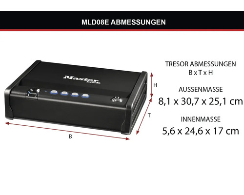 Coffre-fort Master Lock MLD08E avec dimensions extérieures et intérieures