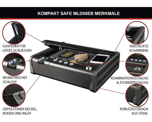 Coffre-fort compact en acier avec ressort à gaz, serrure biométrique, serrure à combinaison, serrure à cylindre et intérieur rembourré