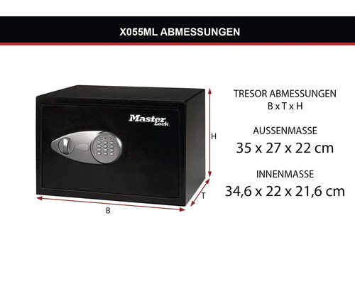 Master Lock Tresor X055ML mit den Abmessungen Breite, Tiefe, Höhe