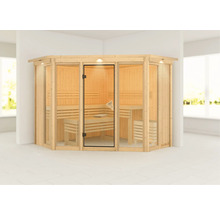 Sauna d''angle avec porte en verre et bancs en bois à l''intérieur.