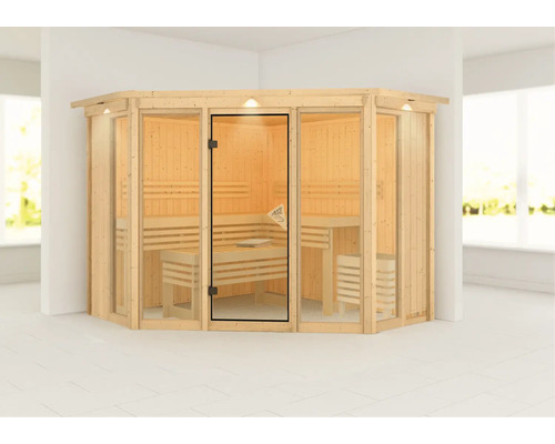 Sauna d''angle avec porte en verre et bancs en bois à l''intérieur.