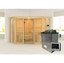 Sauna modulaire Karibu Armira 2 avec poêle 9 kW et commande externe, avec couronne et baie vitrée