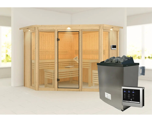 Sauna d''angle en bois avec poêle de sauna et commande