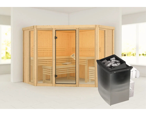 Sauna avec poêle de sauna dans une pièce lumineuse.