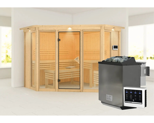 Sauna moderne avec façade en verre et poêle de sauna avec pierres