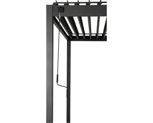 Detailansicht einer schwarzen Pergola mit Kurbelmechanismus zur Lamellenverstellung