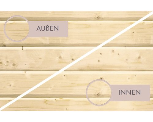 Holzfassade mit Kennzeichnung für Aussen- und Innenbereich