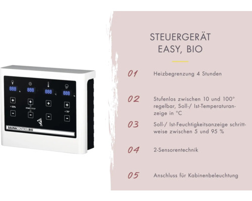 Saunasteuergerät Easy Bio mit digitalem Display zur Temperatur- und Feuchtigkeitsregelung