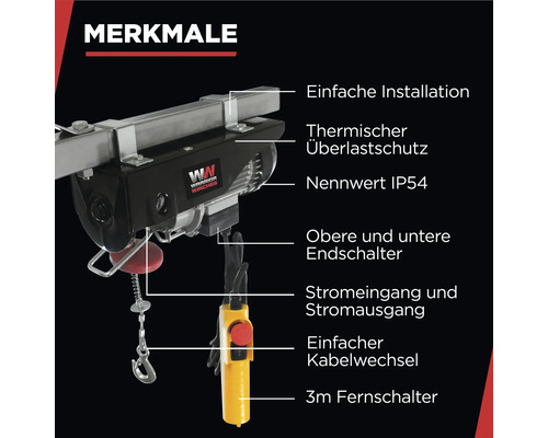 Merkmale der elektrischen Seilwinde mit einfacher Installation, thermischem Überlastschutz, Nennwert IP54, oberen und unteren Endschaltern, Stromeingang und Stromausgang, einfachem Kabelwechsel und 3 Meter Fernschalter