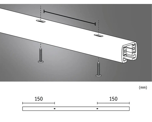 Instructions de montage pour un rail de rideau avec vis et dimensions