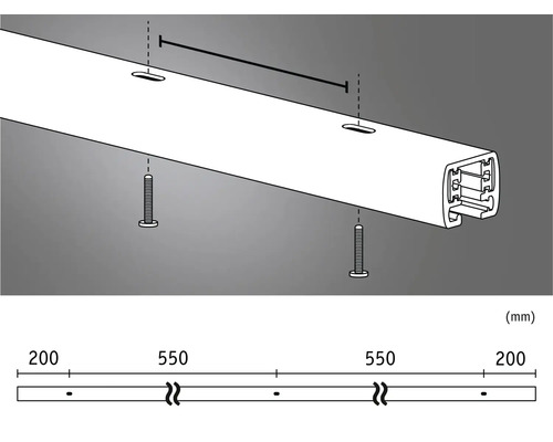 Illustration d''un rail de rideau avec instructions de montage et indications de dimensions