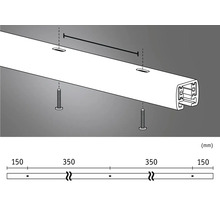 Illustration einer Gardinenschiene mit Schrauben und Maßangaben in Millimetern