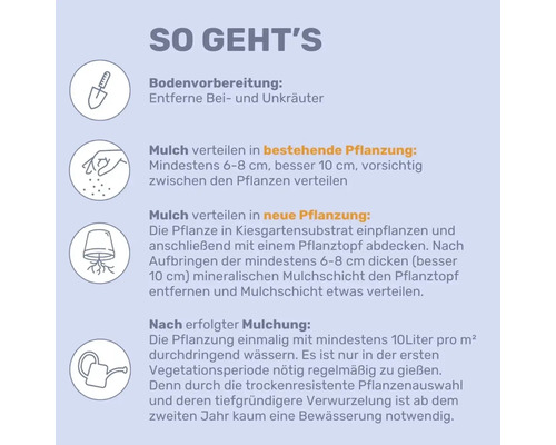 Anleitung zum Mulchen: Bodenvorbereitung, Mulch verteilen in bestehende und neue Pflanzung, Bewässerung nach dem Mulchen.