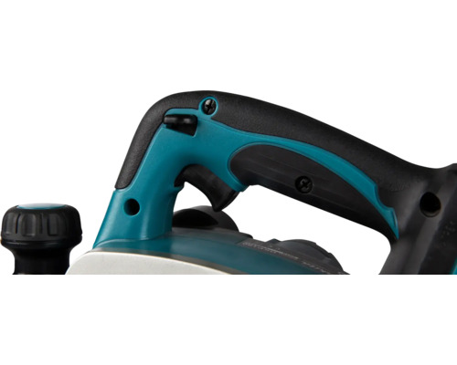 Detailansicht eines Elektrohobels mit schwarzem und blaugrünem Griff