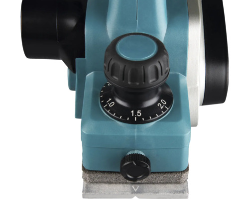 Detailansicht einer Hobelmaschine mit Einstellknopf zur Steuerung der Schnitttiefe