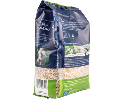 Packung Vogelfutter mit Sonnenblumenkernen, Maisbruch und Haferbruch
