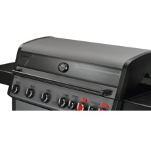 Detailansicht eines Gasgrills mit Temperaturanzeige und Bedienknöpfen.