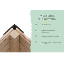 Système de vis à emboîter de 19 millimètres avec montage simple, bois profilés individuels, profilage hydrofuge et éléments en acier nécessitant peu d''entretien dans les angles