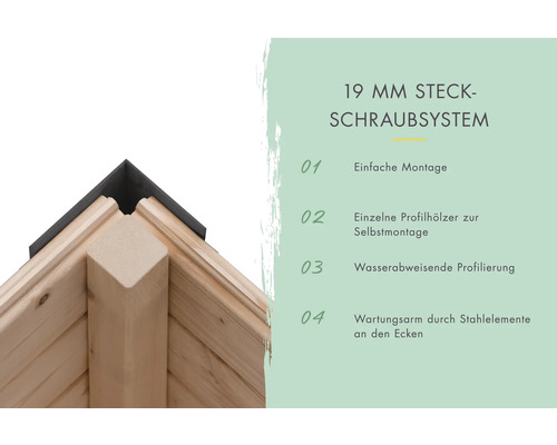 Système de vis à emboîter de 19 millimètres avec montage simple, bois profilés individuels, profilage hydrofuge et éléments en acier nécessitant peu d''entretien dans les angles