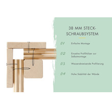 Système d''emboîtement à vis de 38 mm en bois avec des instructions pour un assemblage facile, un assemblage autonome, un profilage hydrofuge et une stabilité murale élevée.