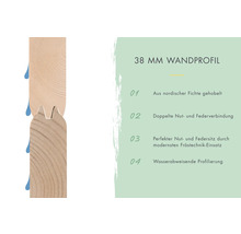 Profilé mural de 38 millimètres en épicéa nordique avec double rainure et languette et profilé hydrofuge