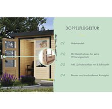 Porte à double battant en bois non traité avec cadre métallique, serrure à cylindre et verre synthétique incassable