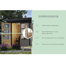 Porte à double battant avec cadre métallique, serrure à cylindre et fenêtres en verre synthétique