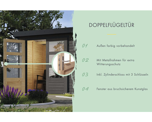 Porte à double battant avec cadre métallique, serrure à cylindre et fenêtres en verre synthétique