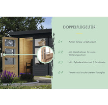 Porte à double battant avec cadre métallique, serrure à cylindre et fenêtres en verre synthétique