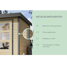 Vue détaillée des composants métalliques de l''abri de jardin : entretien réduit, résistant aux intempéries, durable, stable, têtes de vis et métal monochromes